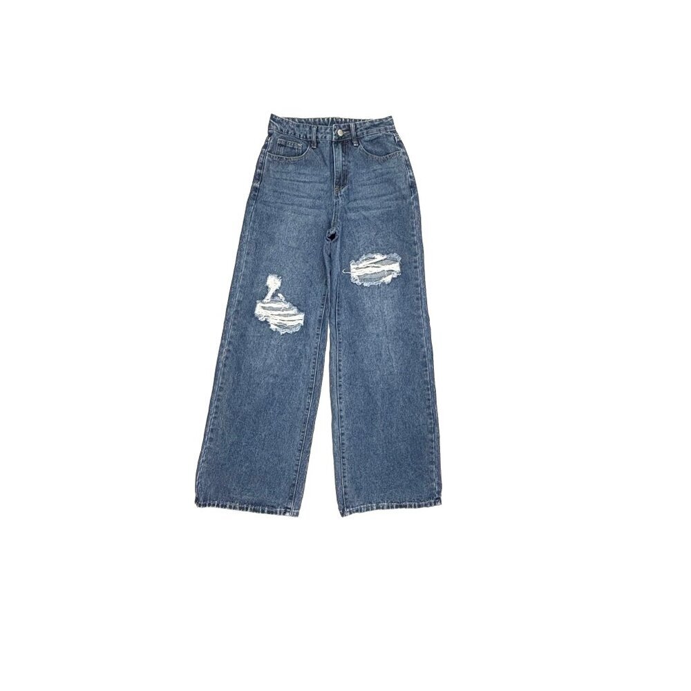 SheIn Jeans Women 2 Blue Wide Leg Distressed Dark Wash High Rise